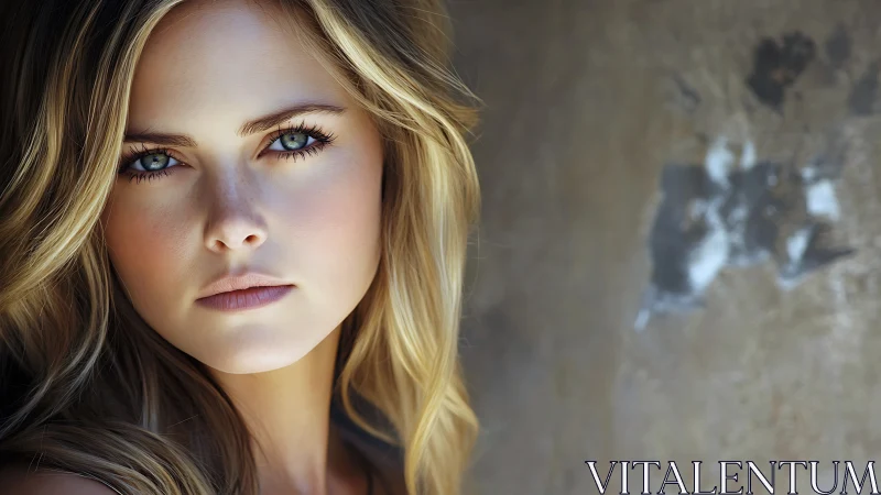 Portrait with intense blue eyes near textured wall.