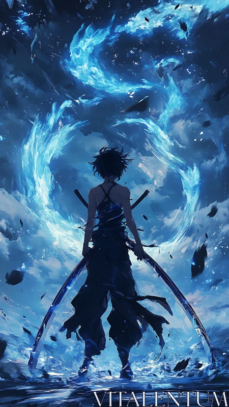 Lone swordsman commands swirling blue elemental vortex.