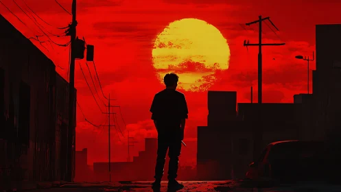 Silhouetted figure stands in urban street before large red sun