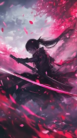 Samurai warrior swings katana through swirling pink petals