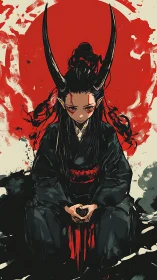 Horned figure in black robes sits before red circular backdrop