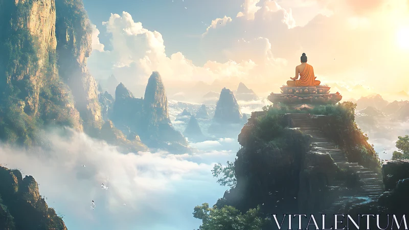 Sky-step monk above cloud kingdoms in sunrise hush.