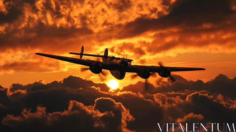 Twin engine propeller aircraft silhouettes against dense sunset cloud