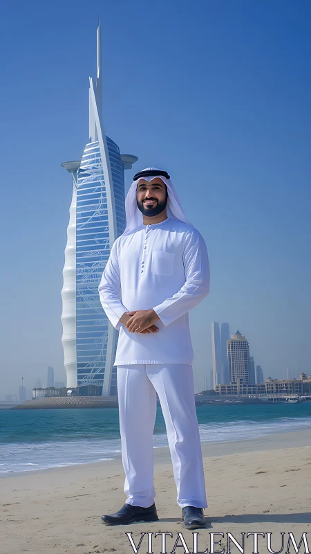 Confident Emirati man standing on Dubai shoreline at noon.