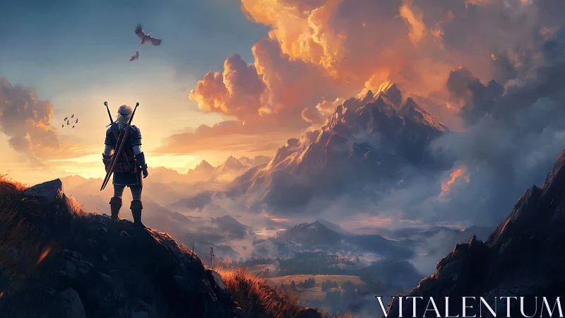 Sunlit wanderer quietly studies the misty mountain valley