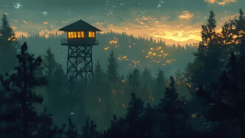 Solitary Watchtower Glowing Through Misty Forest.