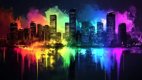 Chromatic skyline with spectral drip reflections at night.