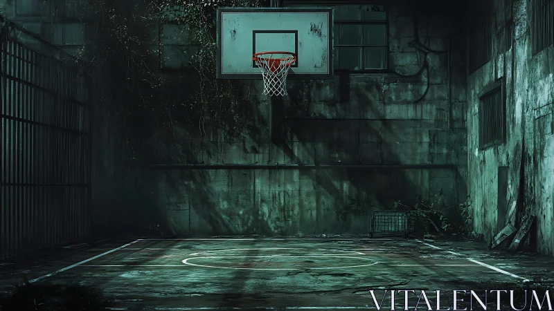 Abandoned indoor basketball court with worn hoop at center.