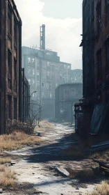 Deserted industrial alley with weathered brick facades and overgrown path