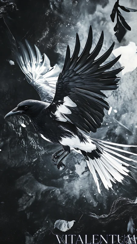 Midnight magpie carves silver echoes through stormlit air