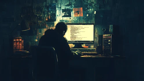 Solitary developer in dim cyberpunk workspace coding at night