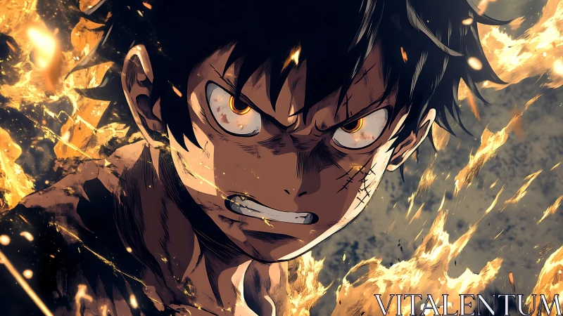 Battle-hardened anime hero amid dynamic blazing embers.