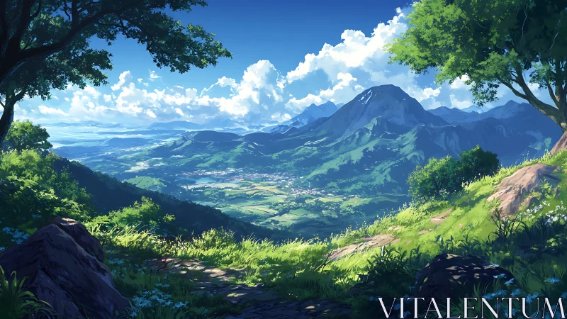 Sunlit valley breathes under watchful blue-green mountains