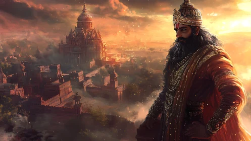 Bearded royal figure overlooks vast ancient palace city at dusk