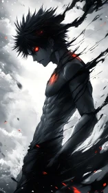 Dark anime warrior dissolving into swirling black energy.