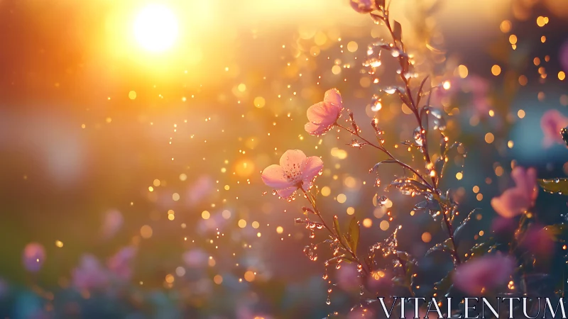 Pink blossoms stand in warm backlit sunset with bokeh droplets