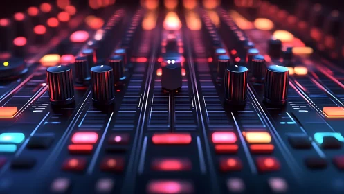 RGB backlit digital audio mixer with illuminated rotary controls.