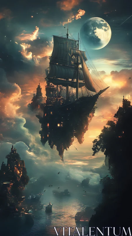 Sailing ship glides past floating cliffs under glowing moon.