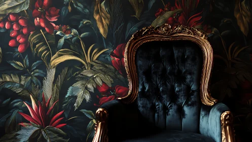 Velvet armchair against dark botanical floral wallpaper.