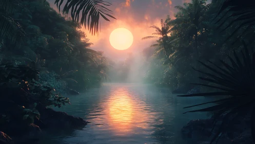 Jungle river hush under a glowing dreamlike sunset halo.