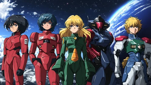 Spacefaring mecha team posed above vivid planet horizon.