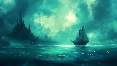 Sailing ship crosses teal sea toward distant dark castle