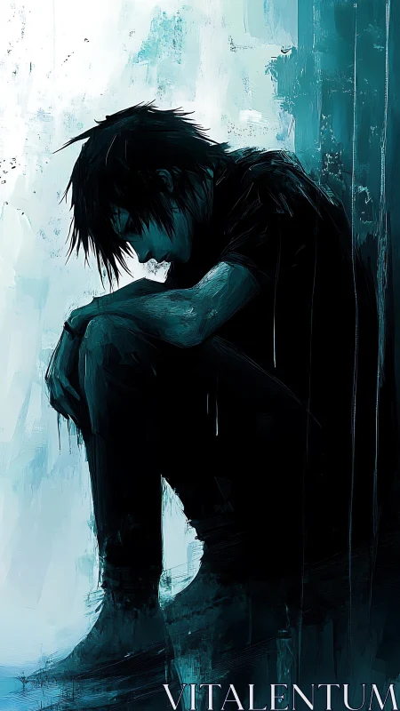 Shadowed boy curls into ocean-blue silence of his thoughts