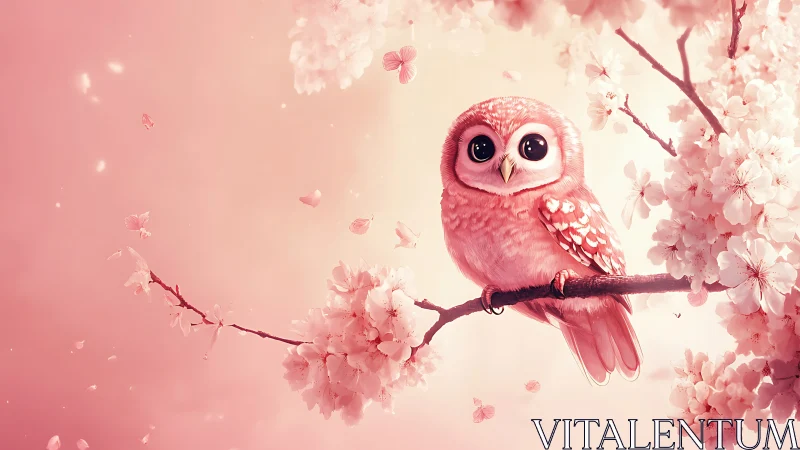 Adorable pink owl on cherry blossom branch in dreamy pastel style.