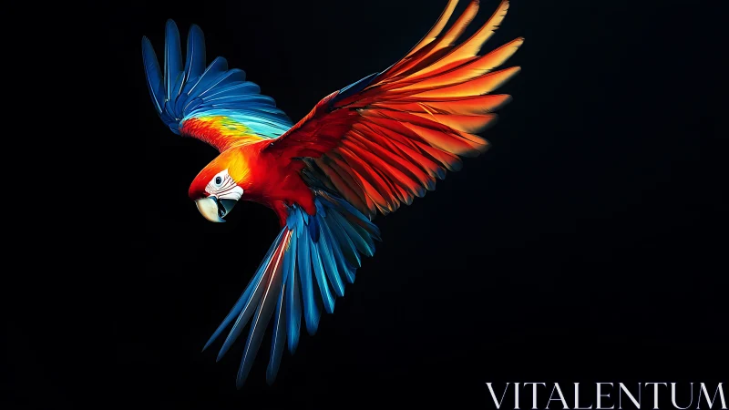 Vibrant Scarlet Macaw in Flight on Dramatic Black Background.