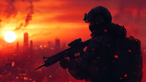 Armed soldier silhouette over burning city at sunset.