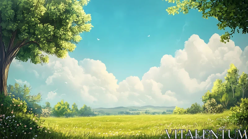 Sunlit meadow and cumulus cloudscape form a tranquil horizon