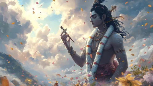 Serene divine figure pauses in drifting petals and soft sky