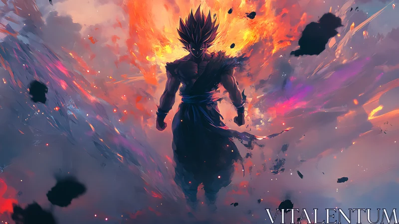 Fiery anime warrior strides through swirling cosmic storm