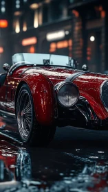 Red vintage roadster parked on wet city street at night.