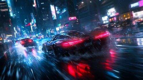 Supercar slices neon rain through electric night city street.