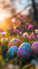 Sunlit meadow of painted Easter eggs and dreamy blossoms.