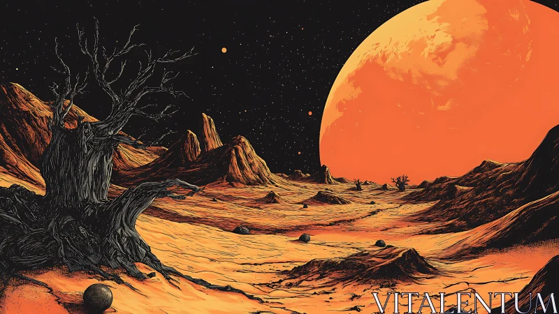 Desolate alien desert under colossal orange eclipse.