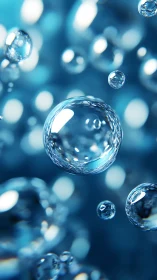 Floating water bubbles drift through luminous blue depth