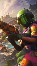 Helmeted combat character with pistol in stylized landscape.