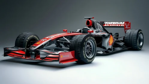Aerodynamic carbon-fiber Formula racer under studio lighting.