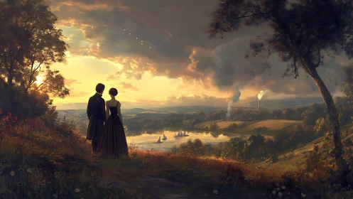 Romantic landscape vista with silhouetted couple overlooking misty valley at golden hour.
