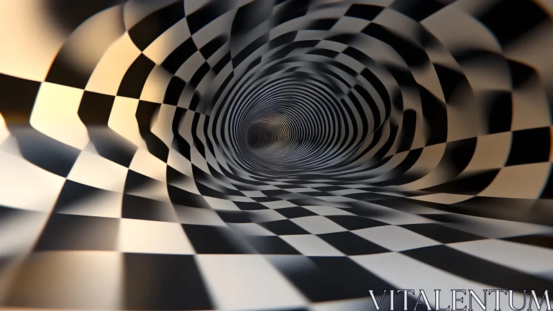 Surreal checkered tunnel with optical illusion effect in 3D art.