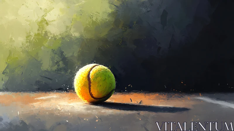 Tennis ball rests on court surface under angled sunlight