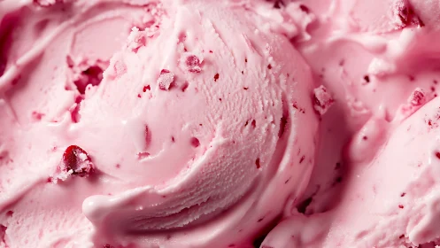 Close-up macro view of pink ice cream with fruit pieces.