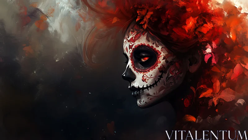 Crimson calavera portrait amid swirling dark florals.