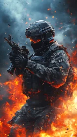 Armored futuristic soldier advancing through battlefield fire.