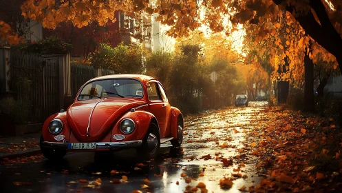 Red classic car on wet autumn street under foliage canopy.