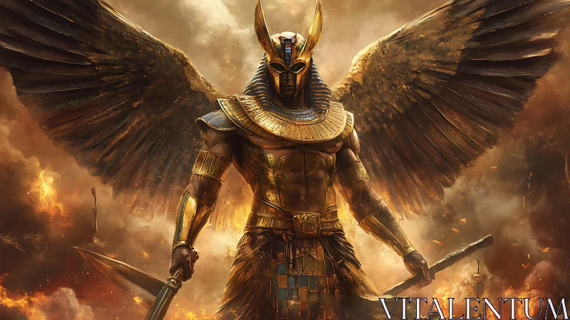 Winged sun-king strides through molten desert twilight