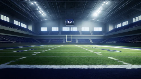 Quiet indoor football stadium waiting for the next kickoff.