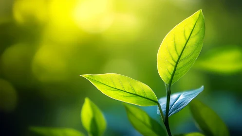 Young green leaves glow softly in warm morning sunlight